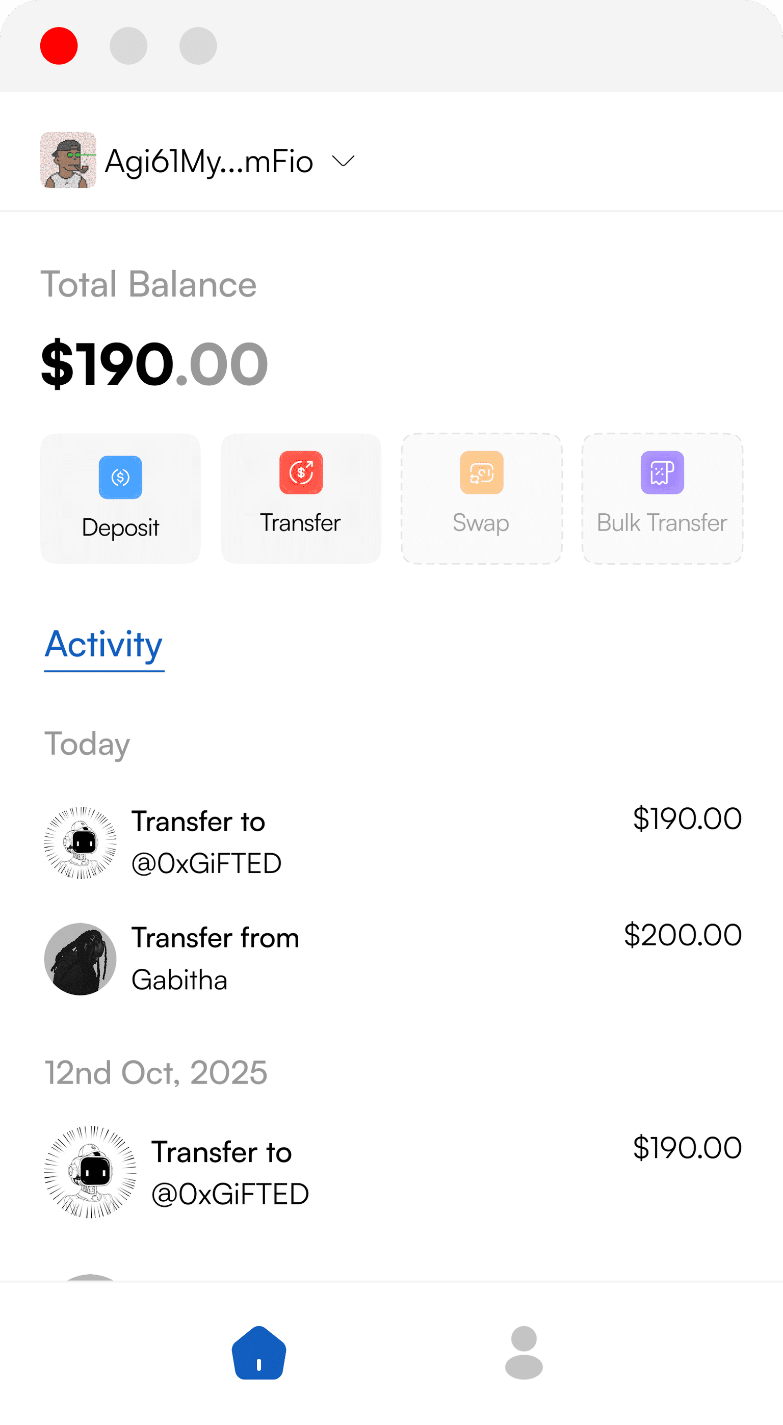 Xend mobile app showing dollar balance and recent activity
